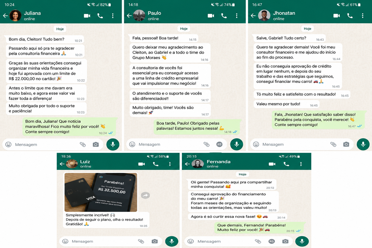 Depoimentos de clientes do Grupo Moraes no WhatsApp: Juliana, Paulo, Jhonatan, Luiz e Fernanda relatando aprovação de crédito, aumento de limite e financiamento aprovado após a consultoria.